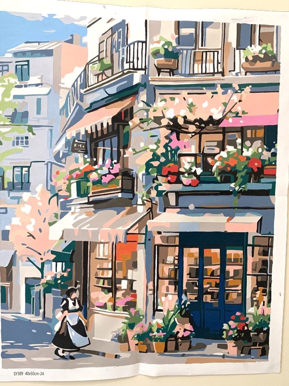 European Flower Shop Street Paint‑By‑Number Completed Unframed 16X20 inches